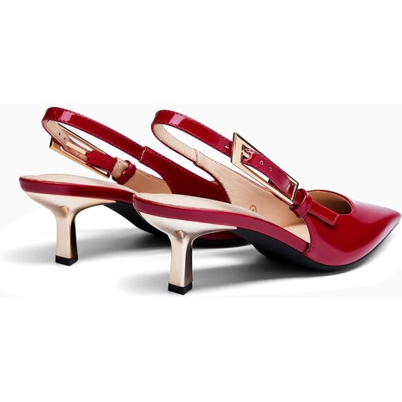 Women's Red Slingback Kitten Heels Closed Pointed Toe Pumps Buckle Strap - Picture 5 of 5